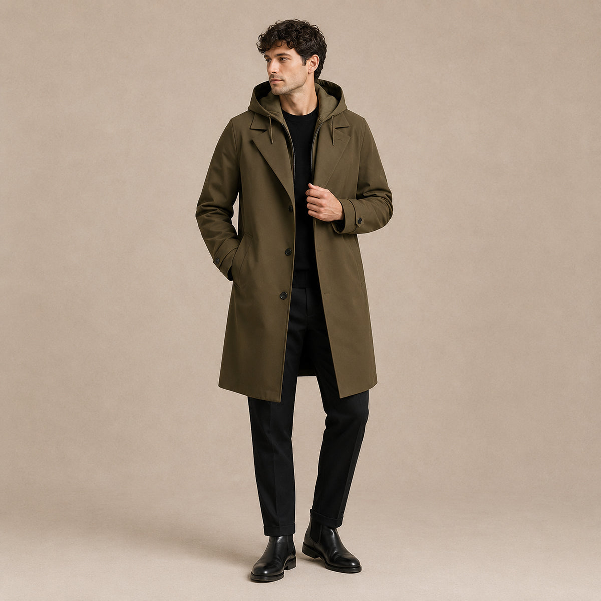 Men's Long Hooded Trench Coat with Zip Inner Layer and Notch Lapel