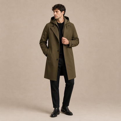 Men's Long Hooded Trench Coat with Zip Inner Layer and Notch Lapel