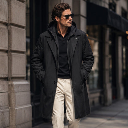 Men's Long Hooded Trench Coat with Zip Inner Layer and Notch Lapel