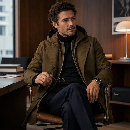 Men's Long Hooded Trench Coat with Zip Inner Layer and Notch Lapel