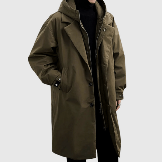 Men's Long Hooded Winter Coat with Notch Lapel and Zip Closure