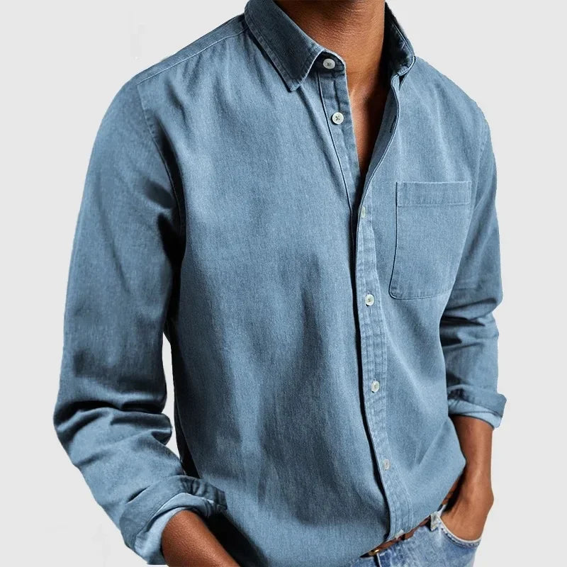 Men's Long Sleeve Button-Down Shirt with Chest Pocket and Spread Collar