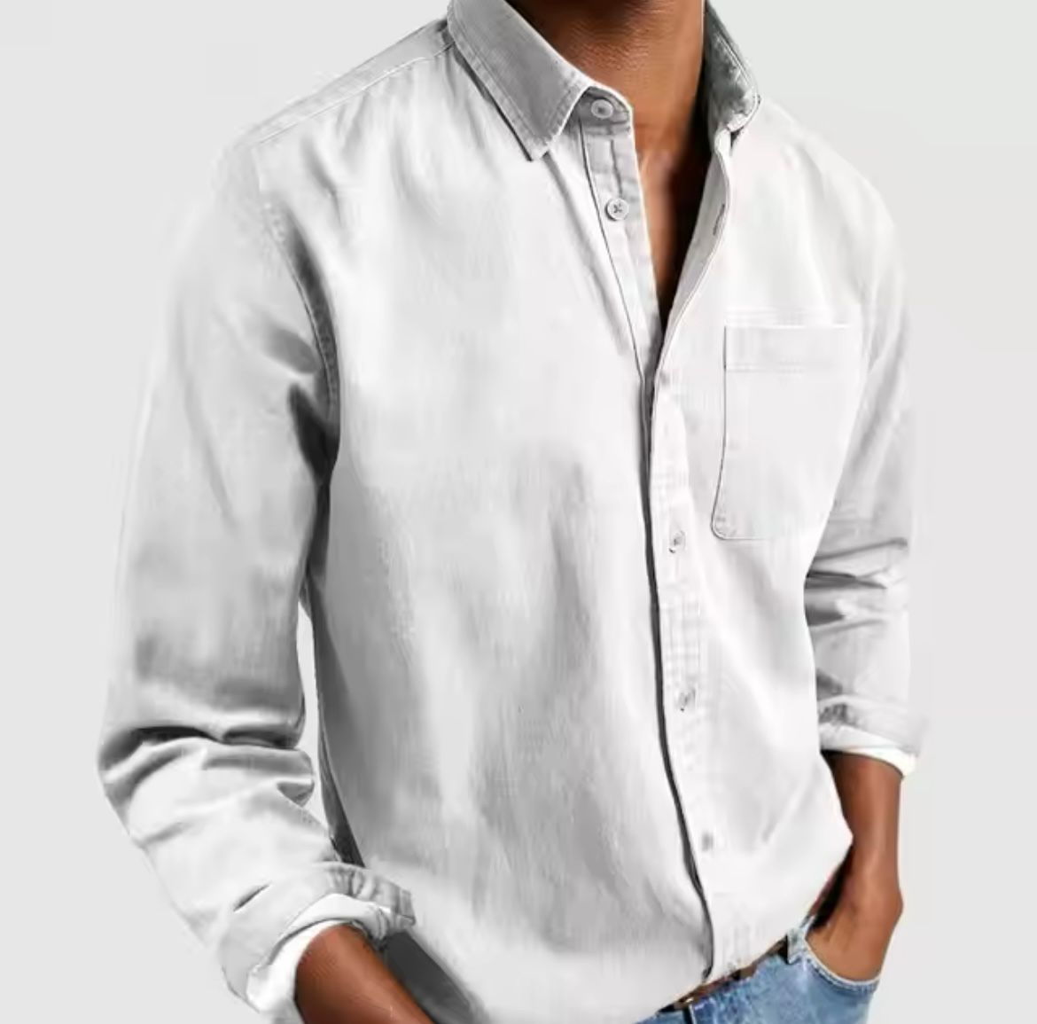Men's Long Sleeve Button-Down Shirt with Chest Pocket and Spread Collar