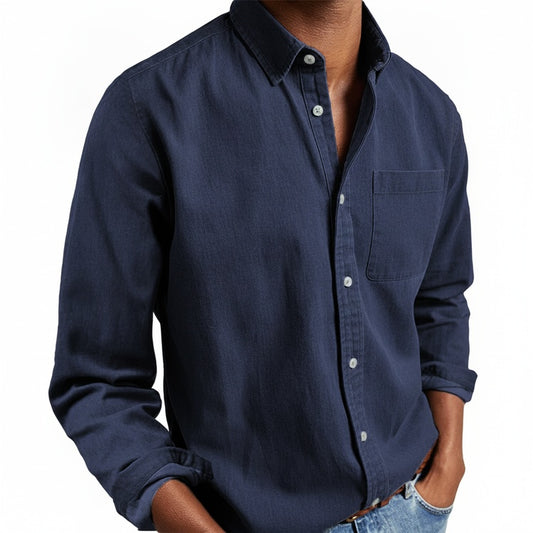 Men's Long Sleeve Button-Down Shirt with Chest Pocket and Spread Collar