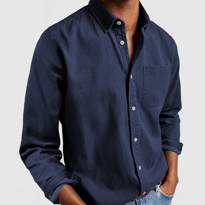 Men's Long Sleeve Button-Down Shirt with Chest Pocket and Spread Collar