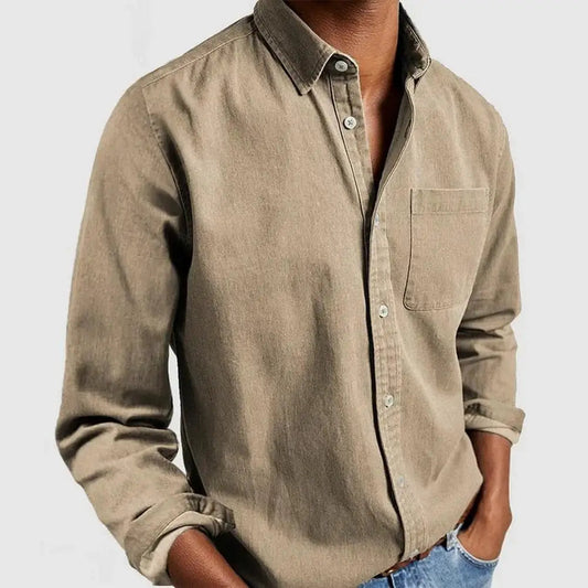 Men's Long Sleeve Button-Down Shirt with Chest Pocket and Spread Collar