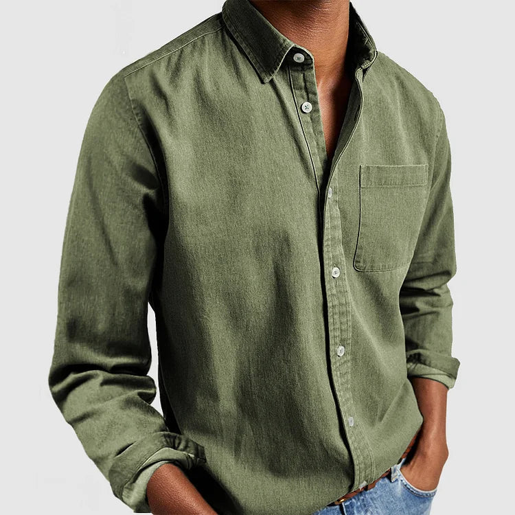 Men's Long Sleeve Button-Down Shirt with Chest Pocket and Spread Collar