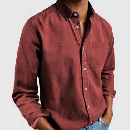 Men's Long Sleeve Button-Down Shirt with Chest Pocket and Spread Collar