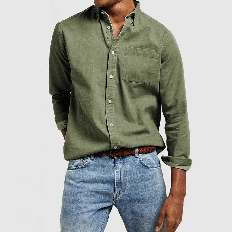 Men's Long Sleeve Button-Down Shirt with Chest Pocket and Spread Collar