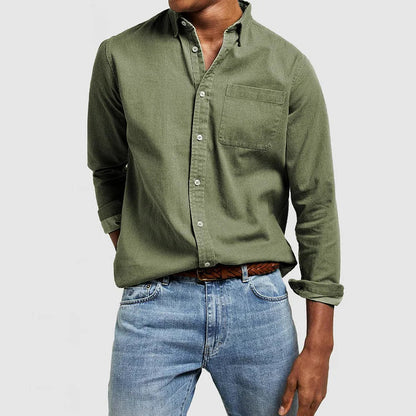 Men's Long Sleeve Button-Down Shirt with Chest Pocket and Spread Collar