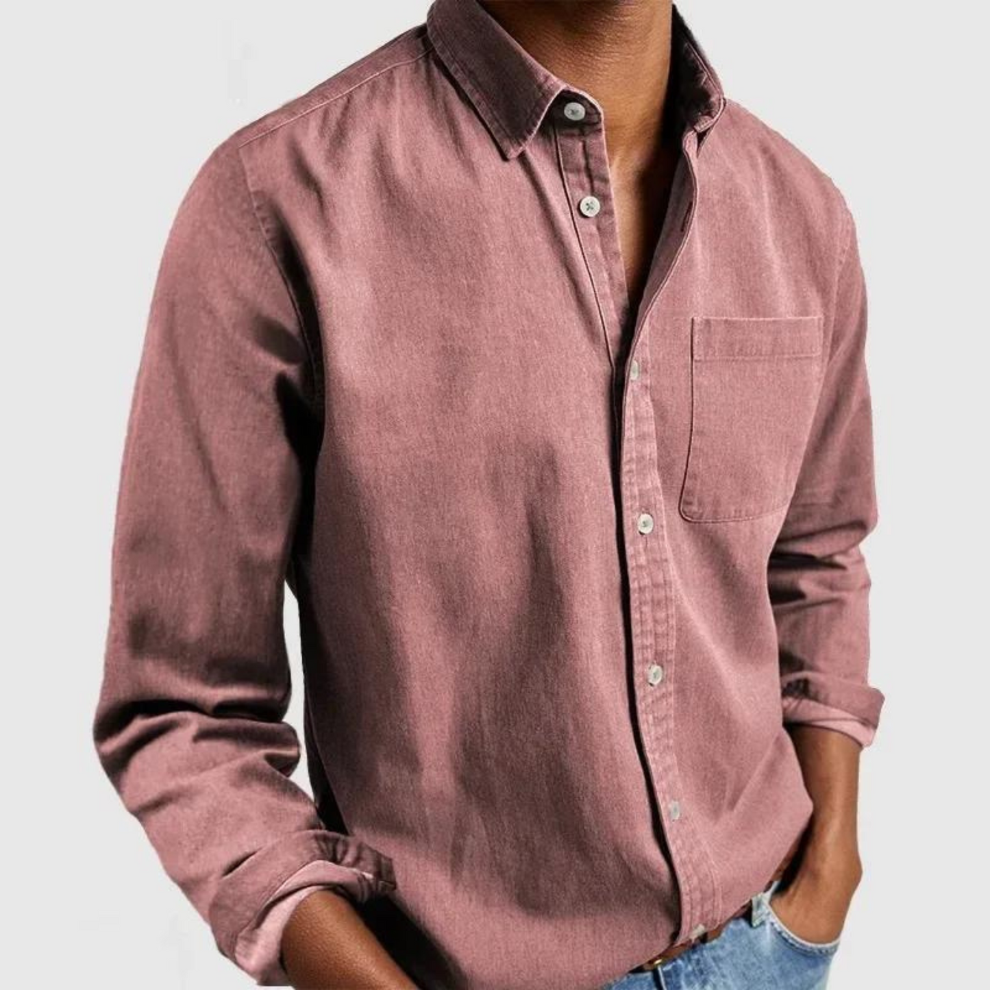 Men's Long Sleeve Button-Down Shirt with Chest Pocket and Spread Collar