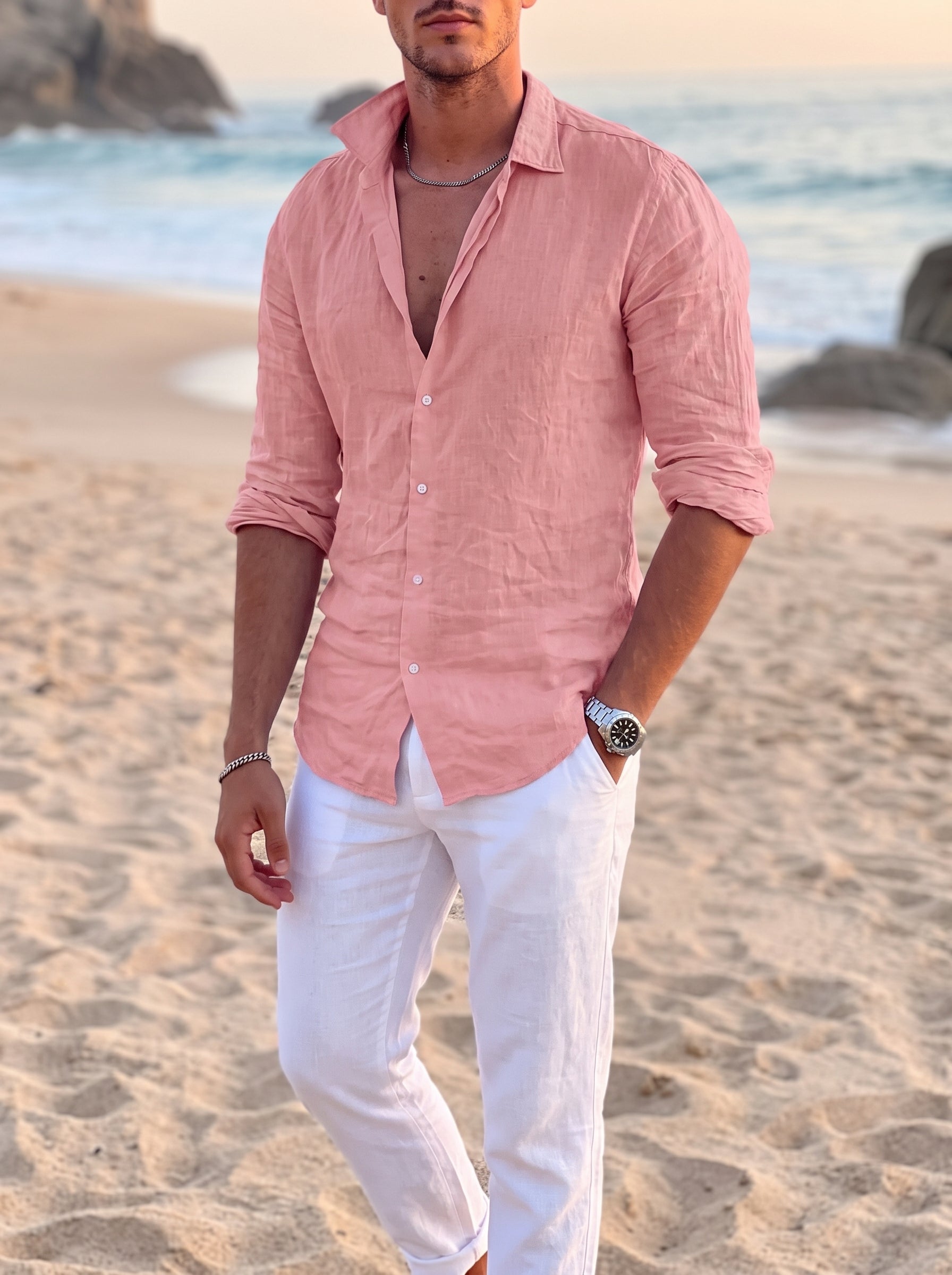 Men's Long Sleeve Button-Down Shirt with Spread Collar
