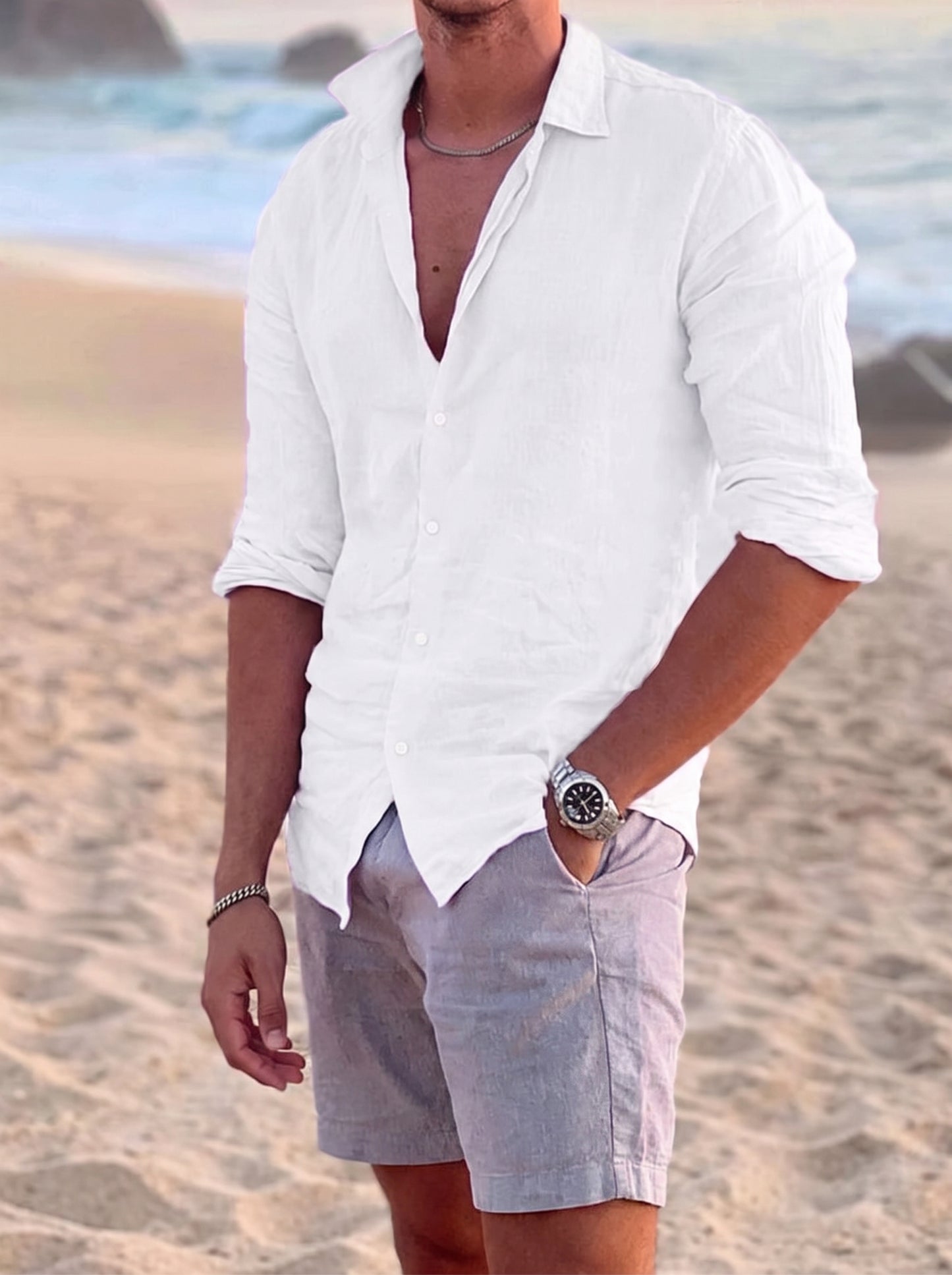 Men's Long Sleeve Button-Down Shirt with Spread Collar