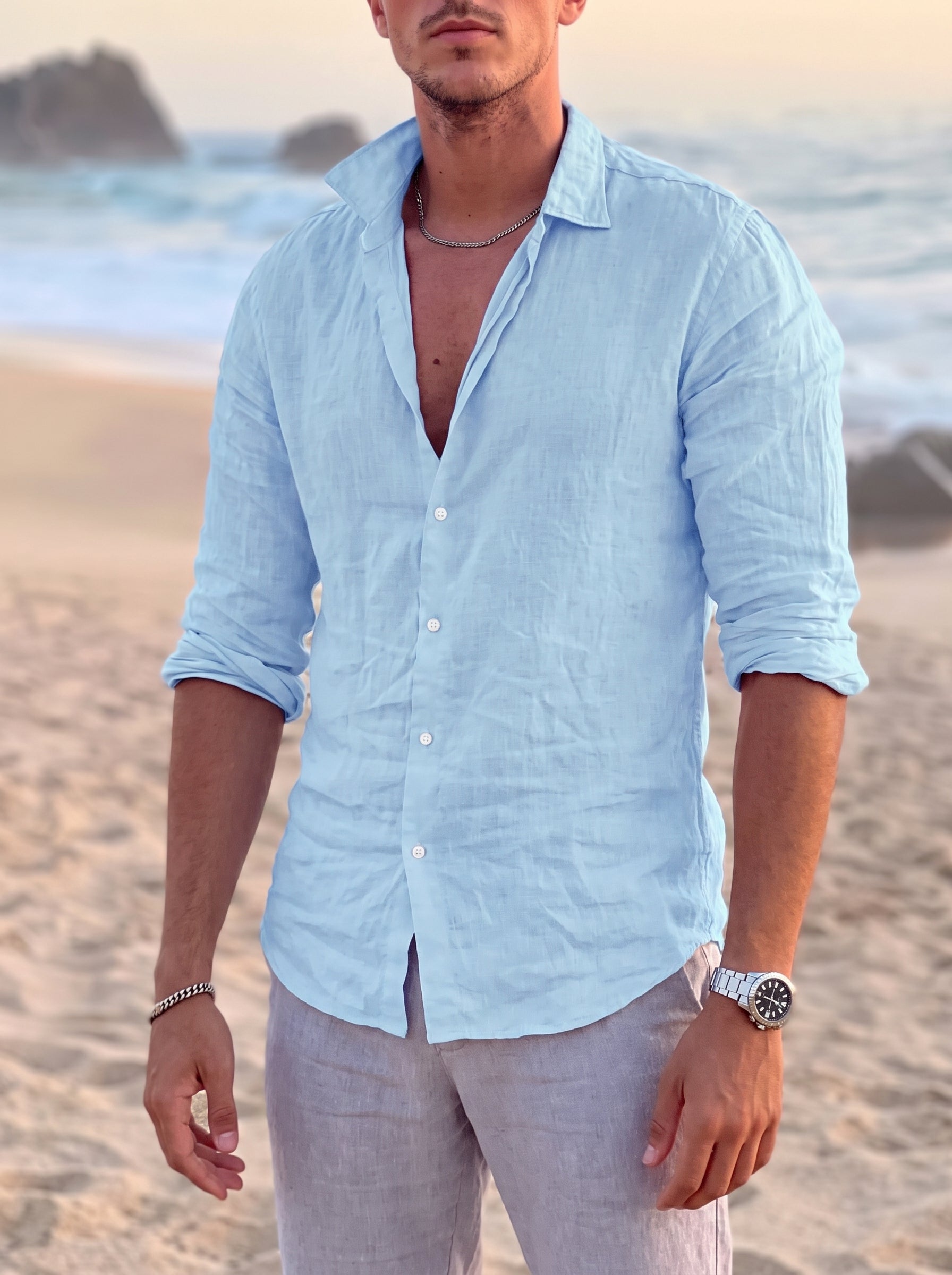 Men's Long Sleeve Button-Down Shirt with Spread Collar