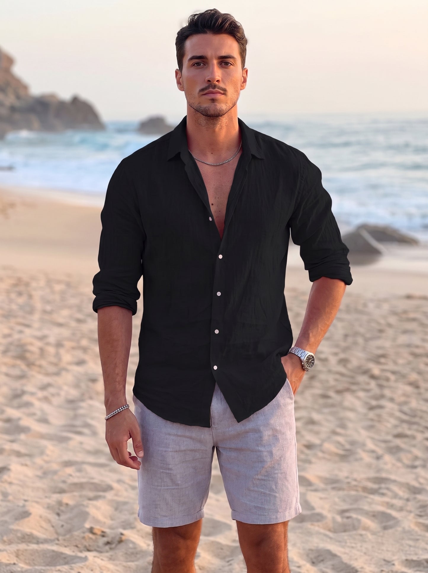 Men's Long Sleeve Button-Down Shirt with Spread Collar