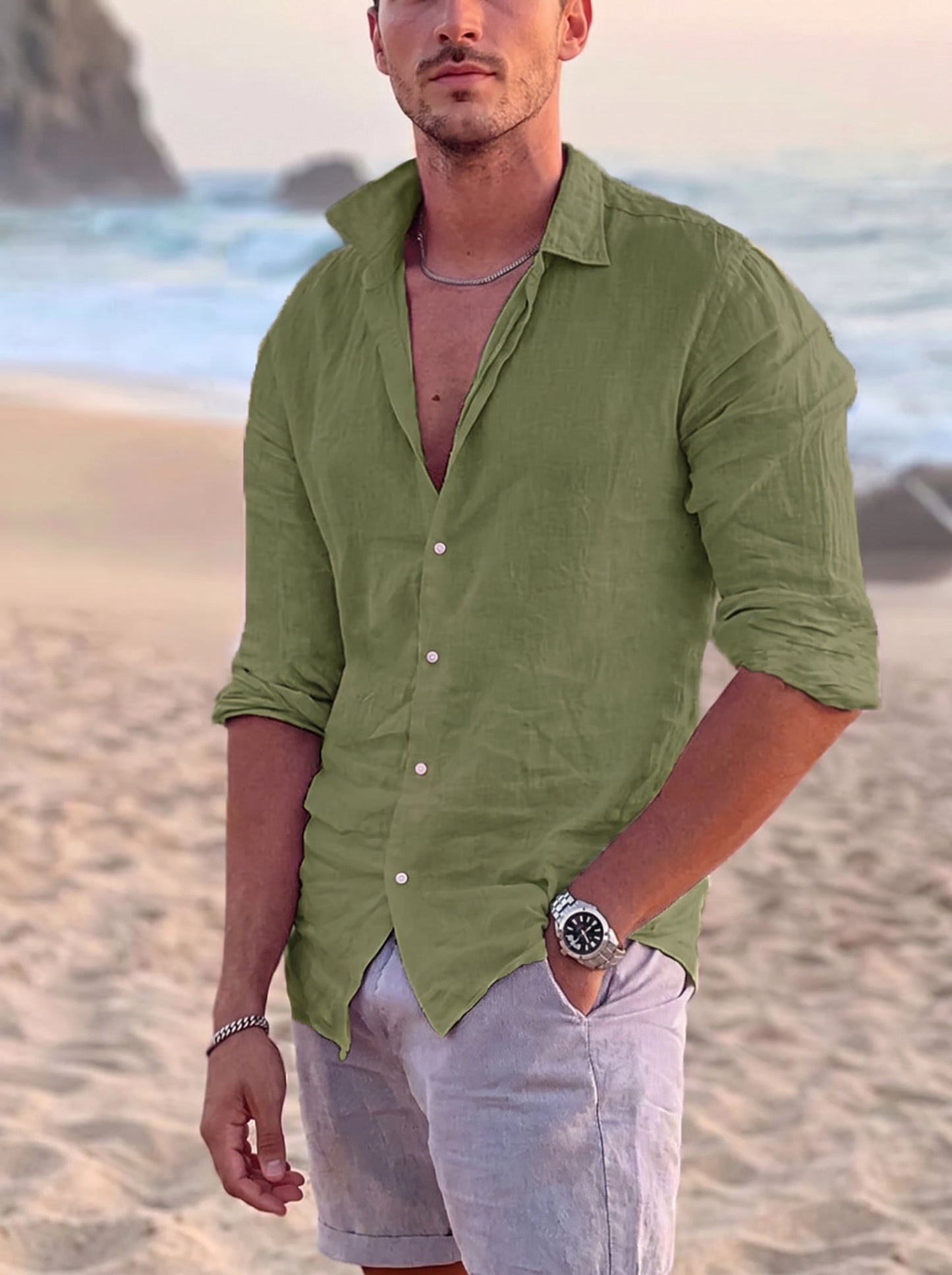 Men's Long Sleeve Button-Down Shirt with Spread Collar