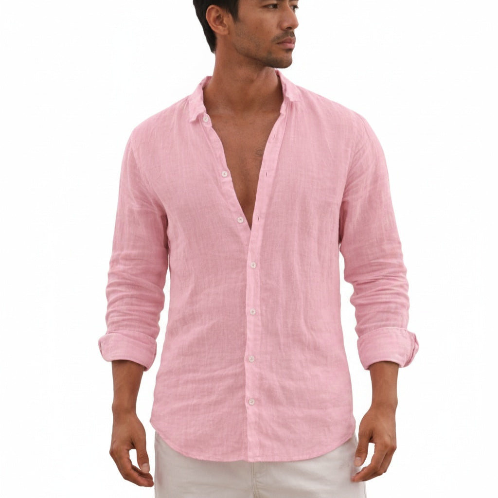 Men's Long Sleeve Button-Down Shirt with Spread Collar and Regular Fit