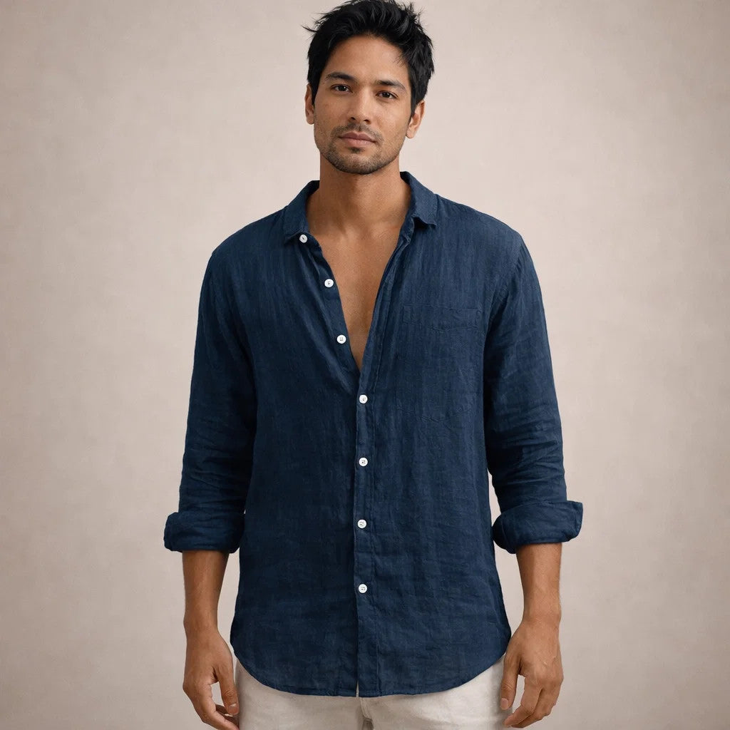 Men's Long Sleeve Button-Down Shirt with Spread Collar and Regular Fit