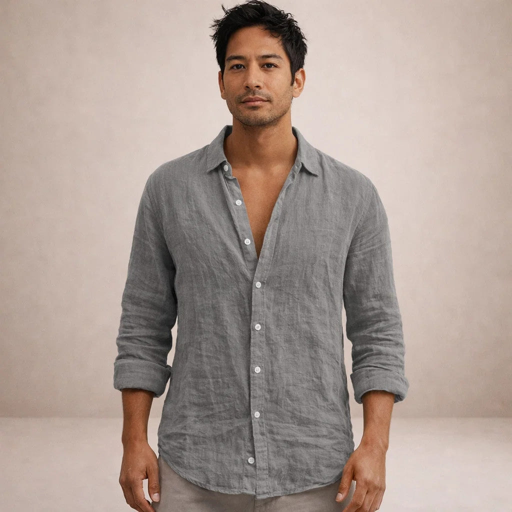 Men's Long Sleeve Button-Down Shirt with Spread Collar and Regular Fit