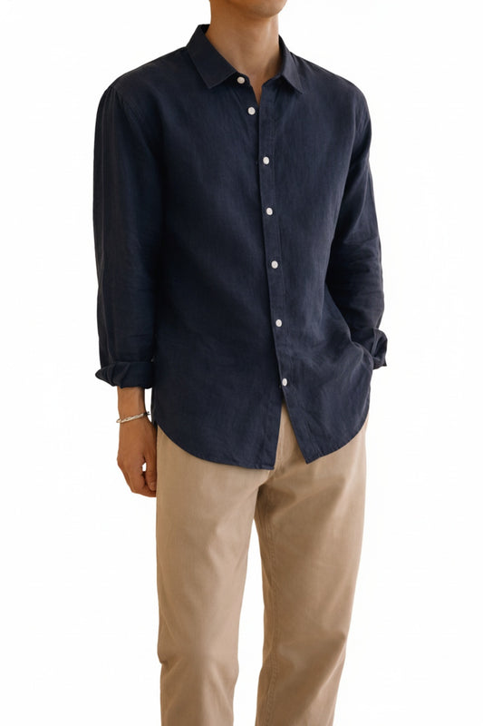 Men's Long Sleeve Button-Down Shirt with Spread Collar and Relaxed Fit