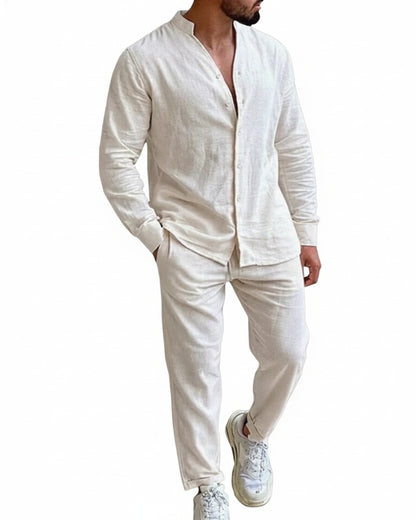 Men's Long Sleeve Button-Up Shirt and Trousers Matching Set with Stand Collar