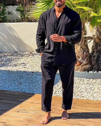Men's Long Sleeve Button-Up Shirt and Trousers Matching Set with Stand Collar