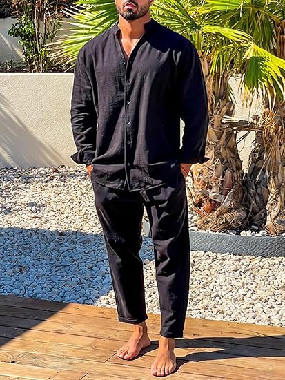 Men's Long Sleeve Button-Up Shirt and Trousers Matching Set with Stand Collar
