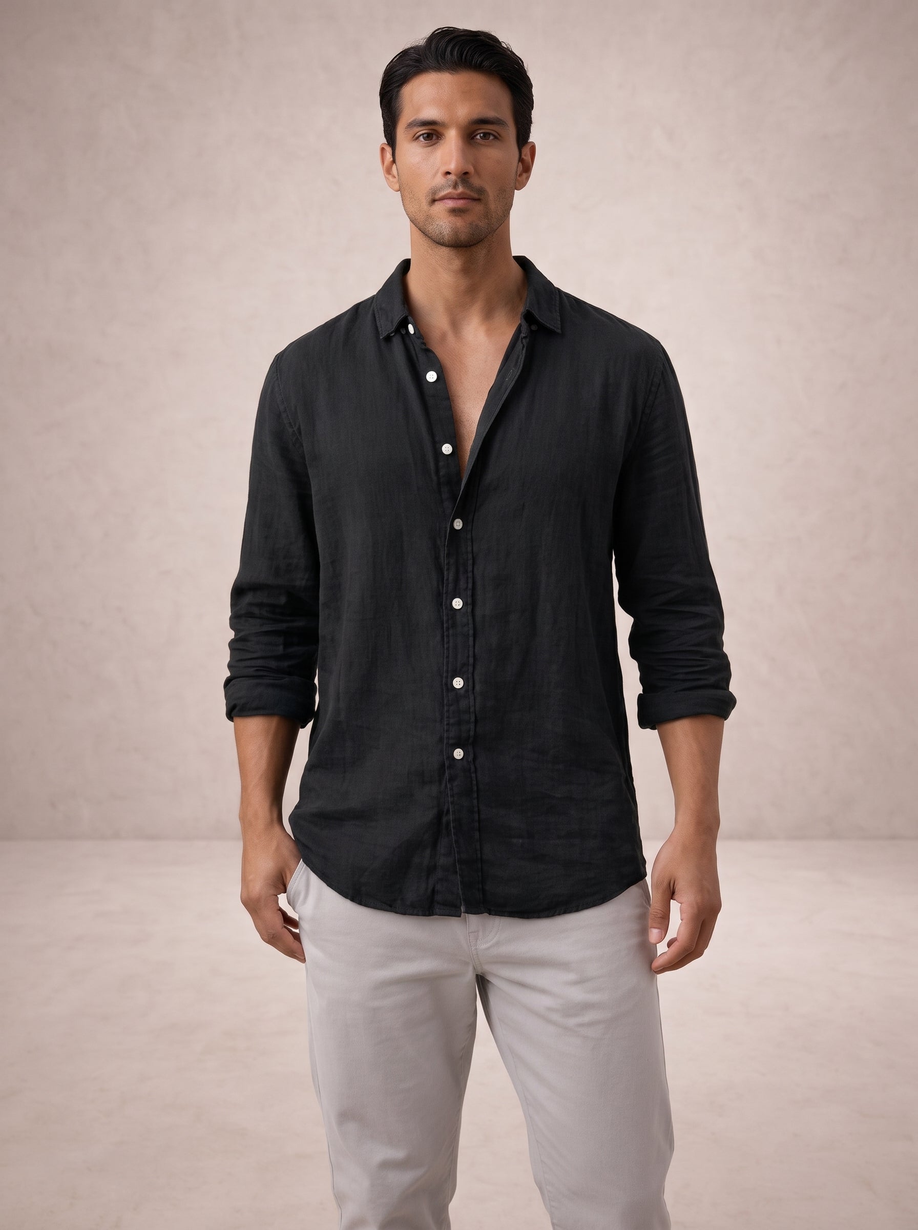 Men's Long Sleeve Button-Up Shirt with Spread Collar