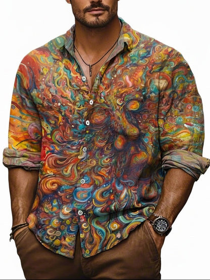 Men's Long Sleeve Button-Up Shirt with Abstract Art Print