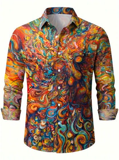 Men's Long Sleeve Button-Up Shirt with Abstract Art Print