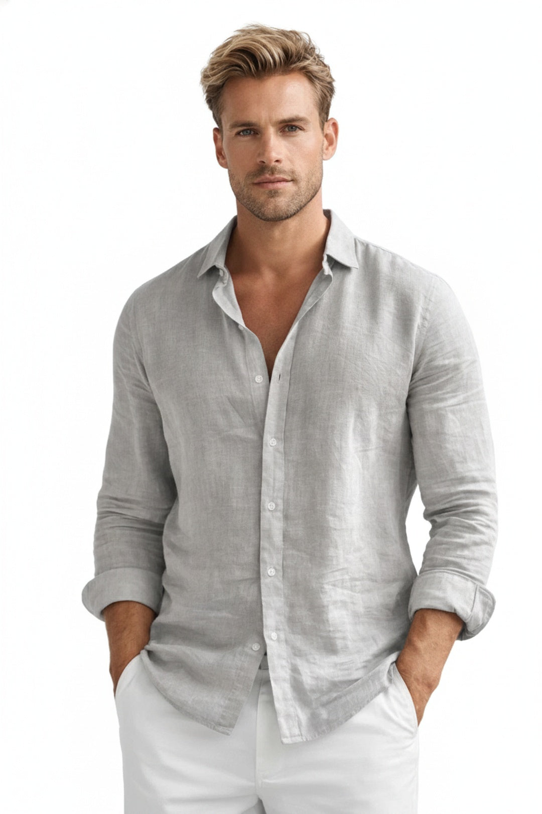 Men's Long Sleeve Button-Up Shirt with Spread Collar and Relaxed Fit