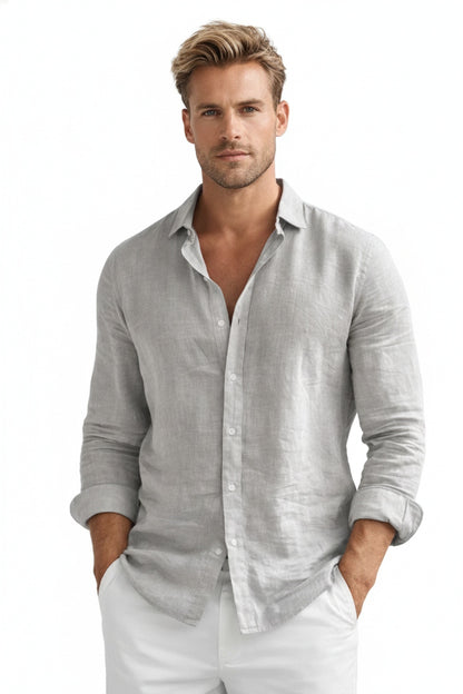 Men's Long Sleeve Button-Up Shirt with Spread Collar and Relaxed Fit