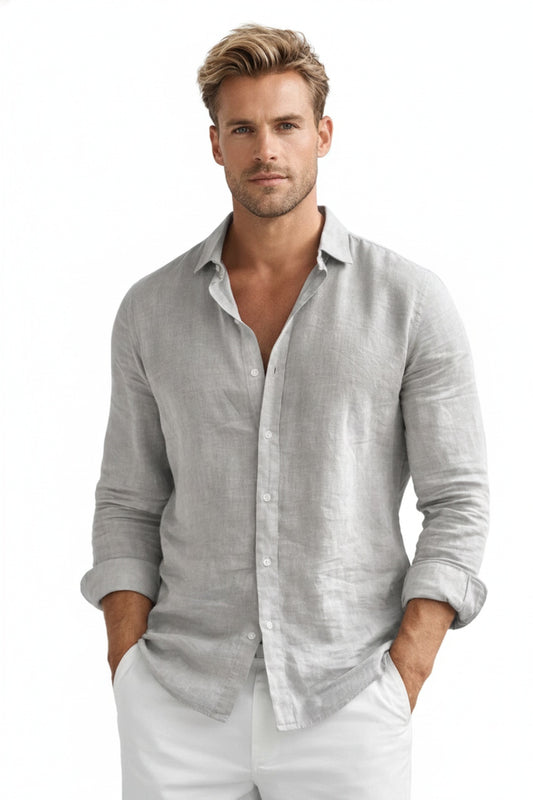 Men's Long Sleeve Button-Up Shirt with Spread Collar and Relaxed Fit