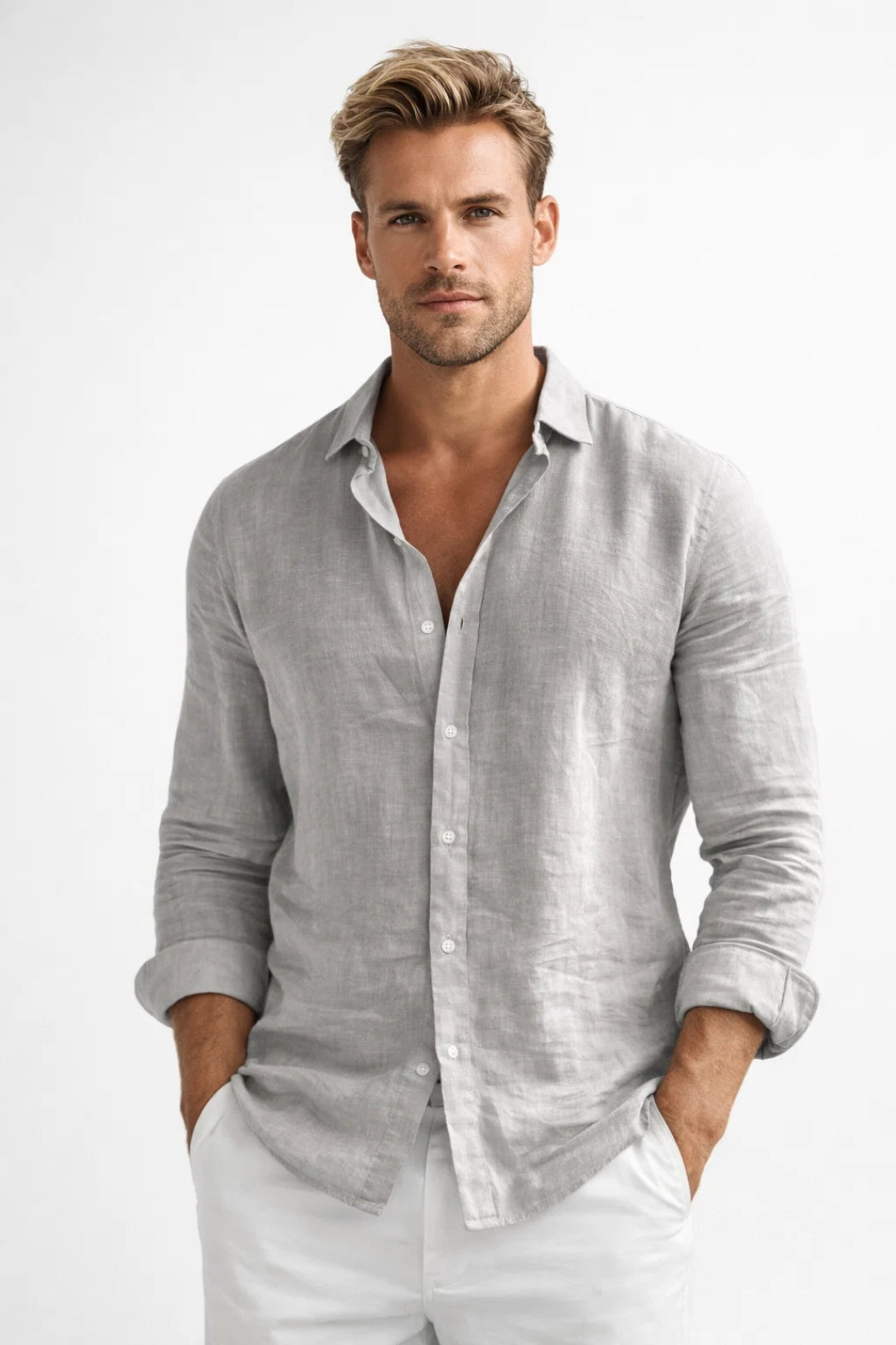 Men's Long Sleeve Button-Up Shirt with Spread Collar and Relaxed Fit