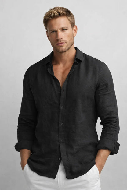 Men's Long Sleeve Button-Up Shirt with Spread Collar and Relaxed Fit