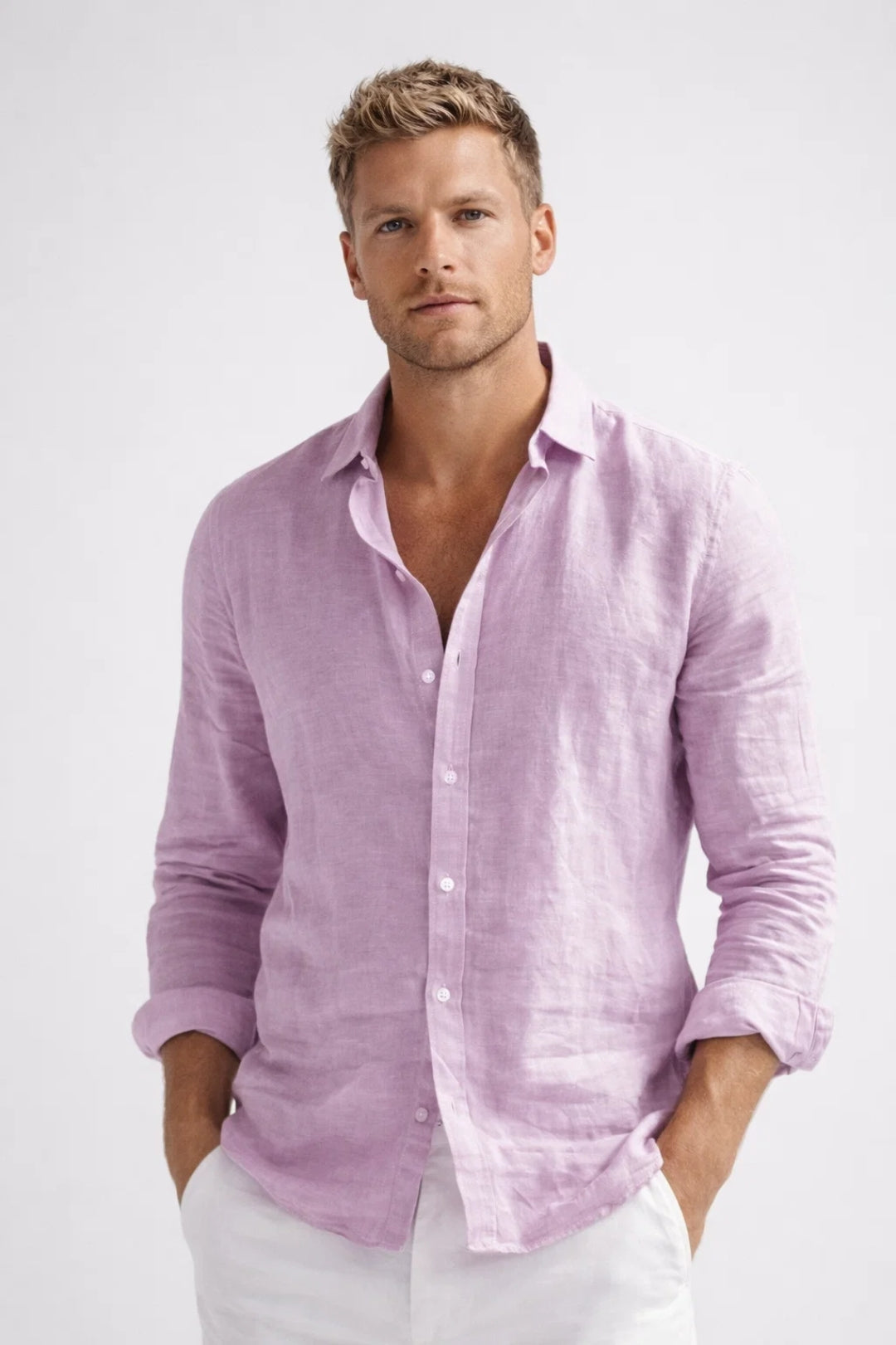 Men's Long Sleeve Button-Up Shirt with Spread Collar and Relaxed Fit