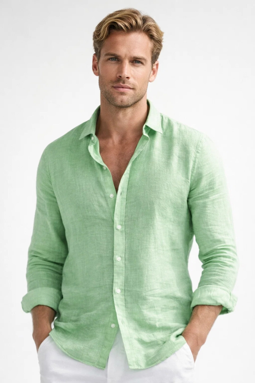 Men's Long Sleeve Button-Up Shirt with Spread Collar and Relaxed Fit