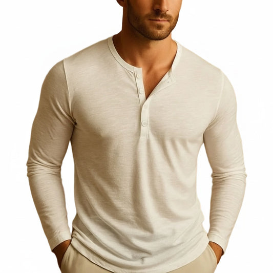 Men's Long Sleeve Henley Shirt with Button Neckline and Slim Fit