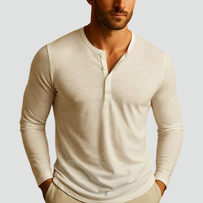 Men's Long Sleeve Henley Shirt with Button Neckline and Slim Fit