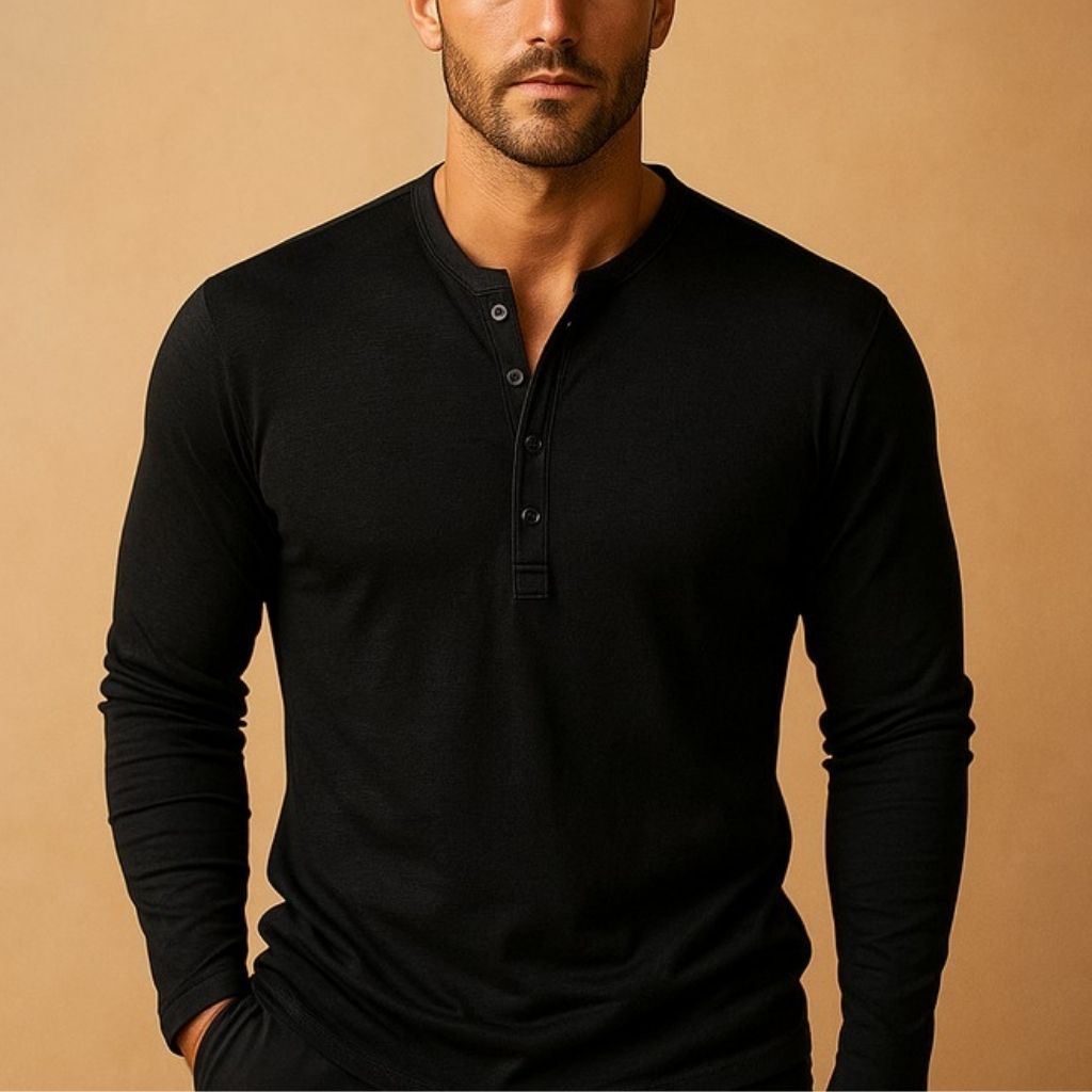 Men's Long Sleeve Henley Shirt with Button Neckline and Slim Fit