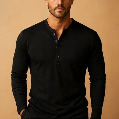 Men's Long Sleeve Henley Shirt with Button Neckline and Slim Fit