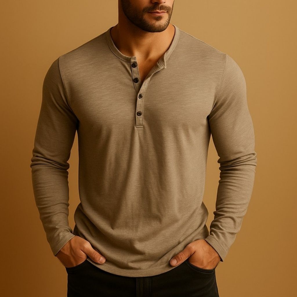 Men's Long Sleeve Henley Shirt with Button Neckline and Slim Fit