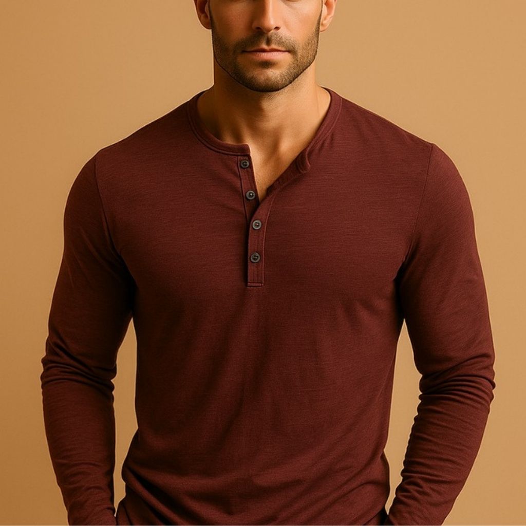 Men's Long Sleeve Henley Shirt with Button Neckline and Slim Fit