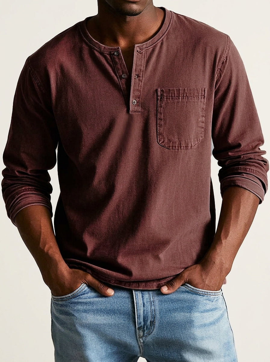 Men's Long Sleeve Henley Shirt with Button Placket and Chest Pocket
