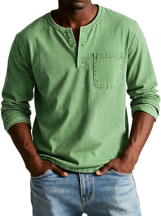 Men's Long Sleeve Henley Shirt with Button Placket and Chest Pocket