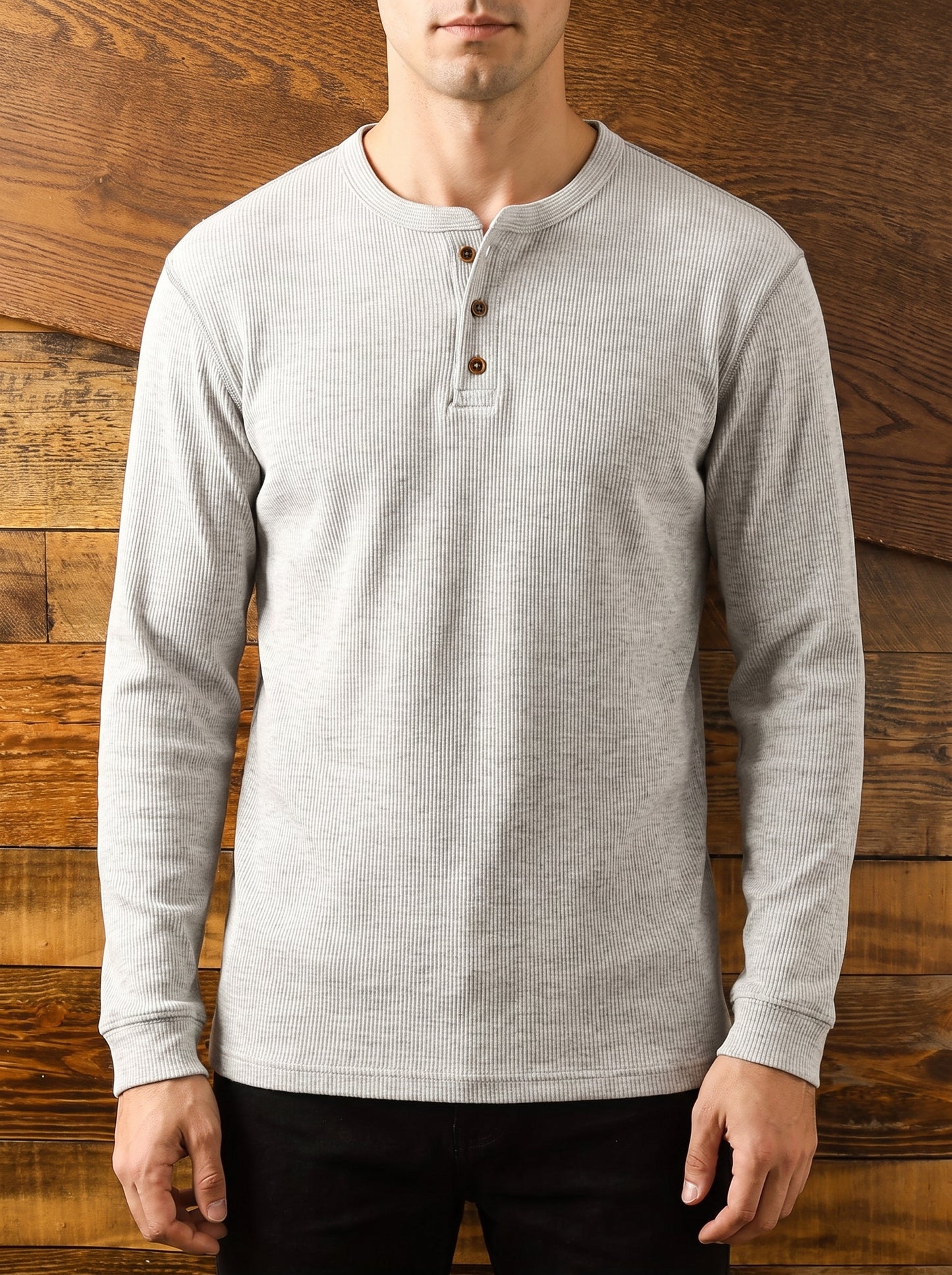 Men's Long Sleeve Henley Shirt with Button Placket and Round Neck