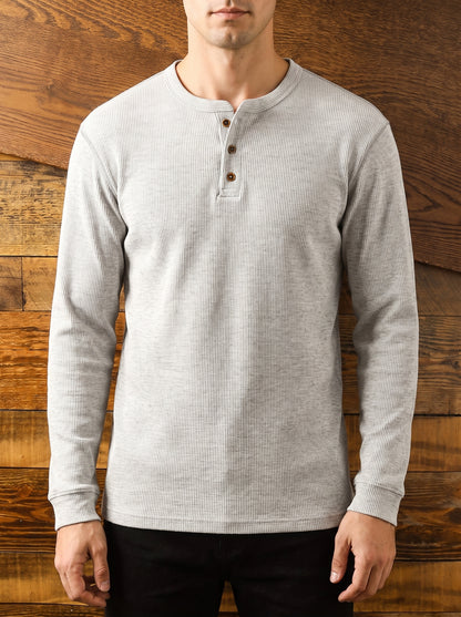 Men's Long Sleeve Henley Shirt with Button Placket and Round Neck