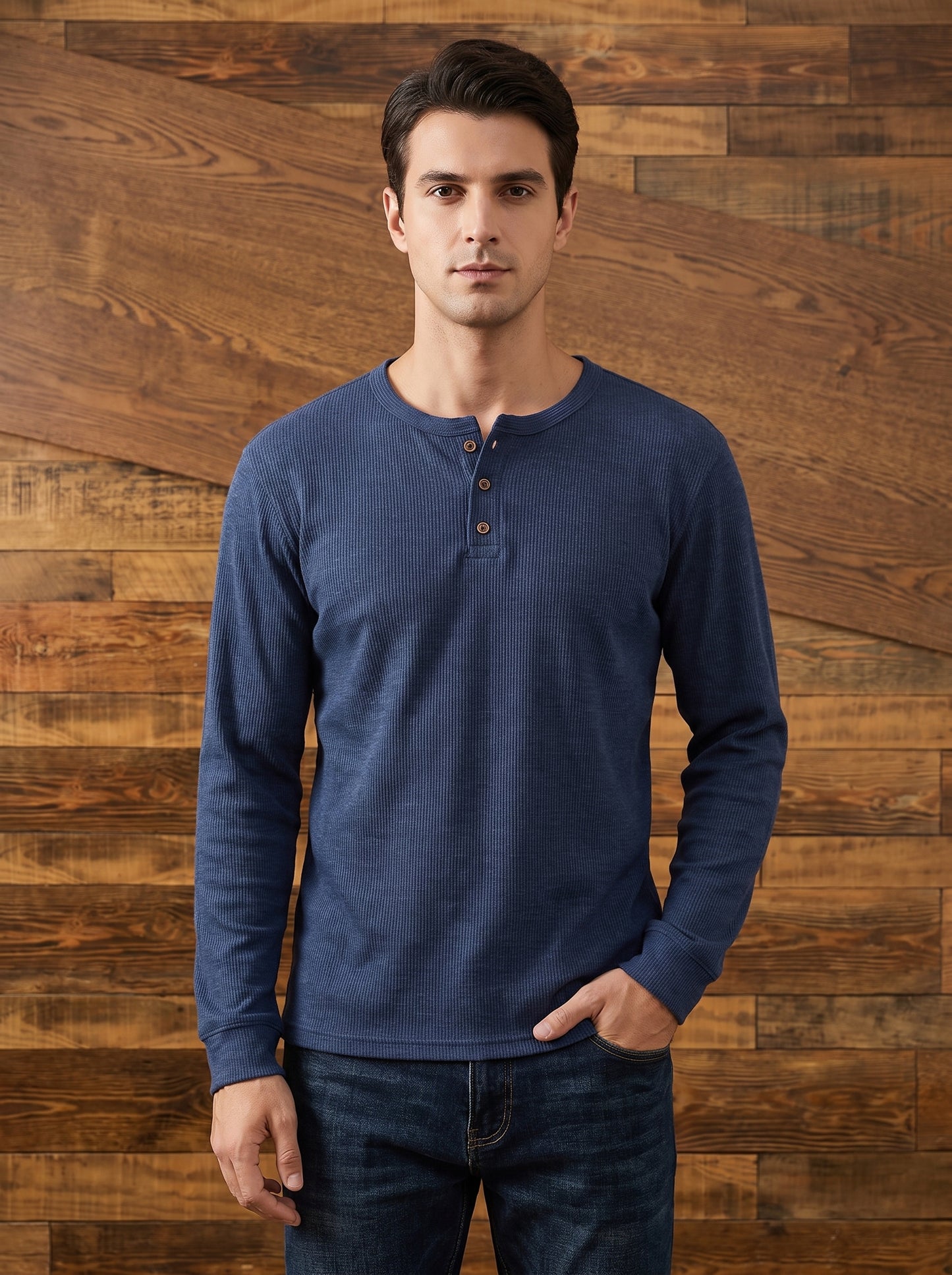 Men's Long Sleeve Henley Shirt with Button Placket and Round Neck
