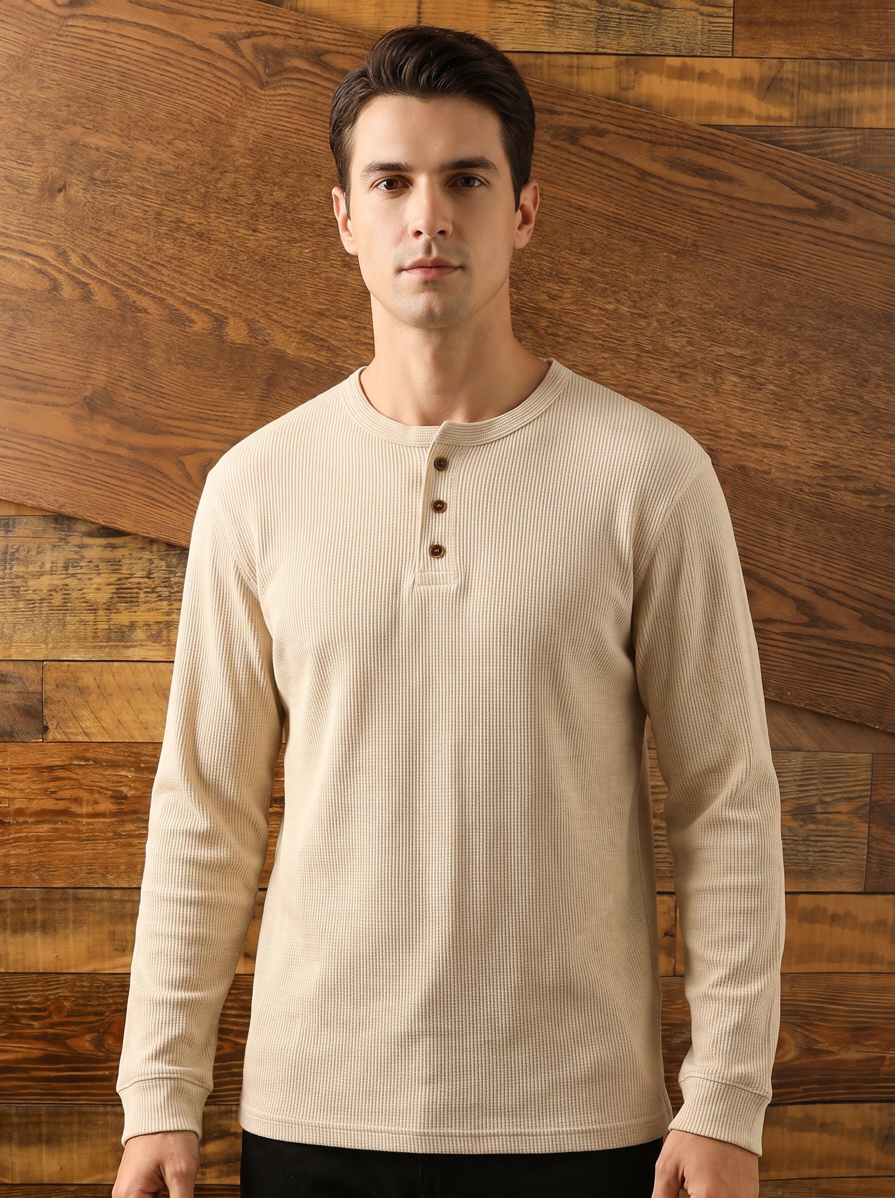 Men's Long Sleeve Henley Shirt with Button Placket and Round Neck