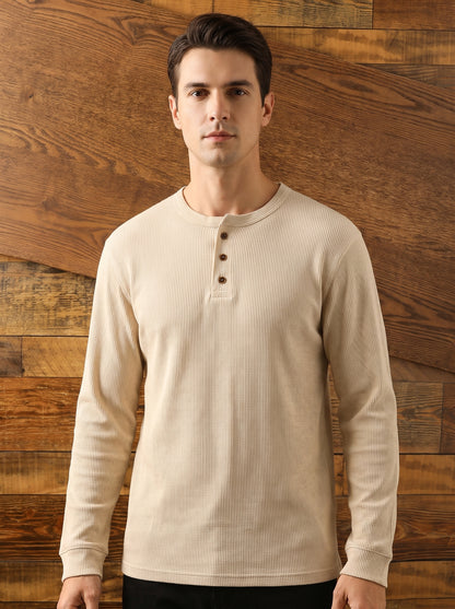 Men's Long Sleeve Henley Shirt with Button Placket and Round Neck